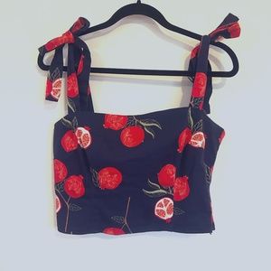 Modcloth x Collectif Navy Blue Pomegranate Print Tie Top, Size M